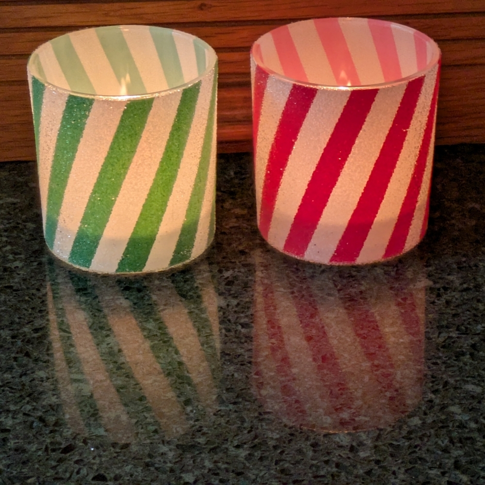 Striped Frosted Glass Candle Holders - Green & Red
